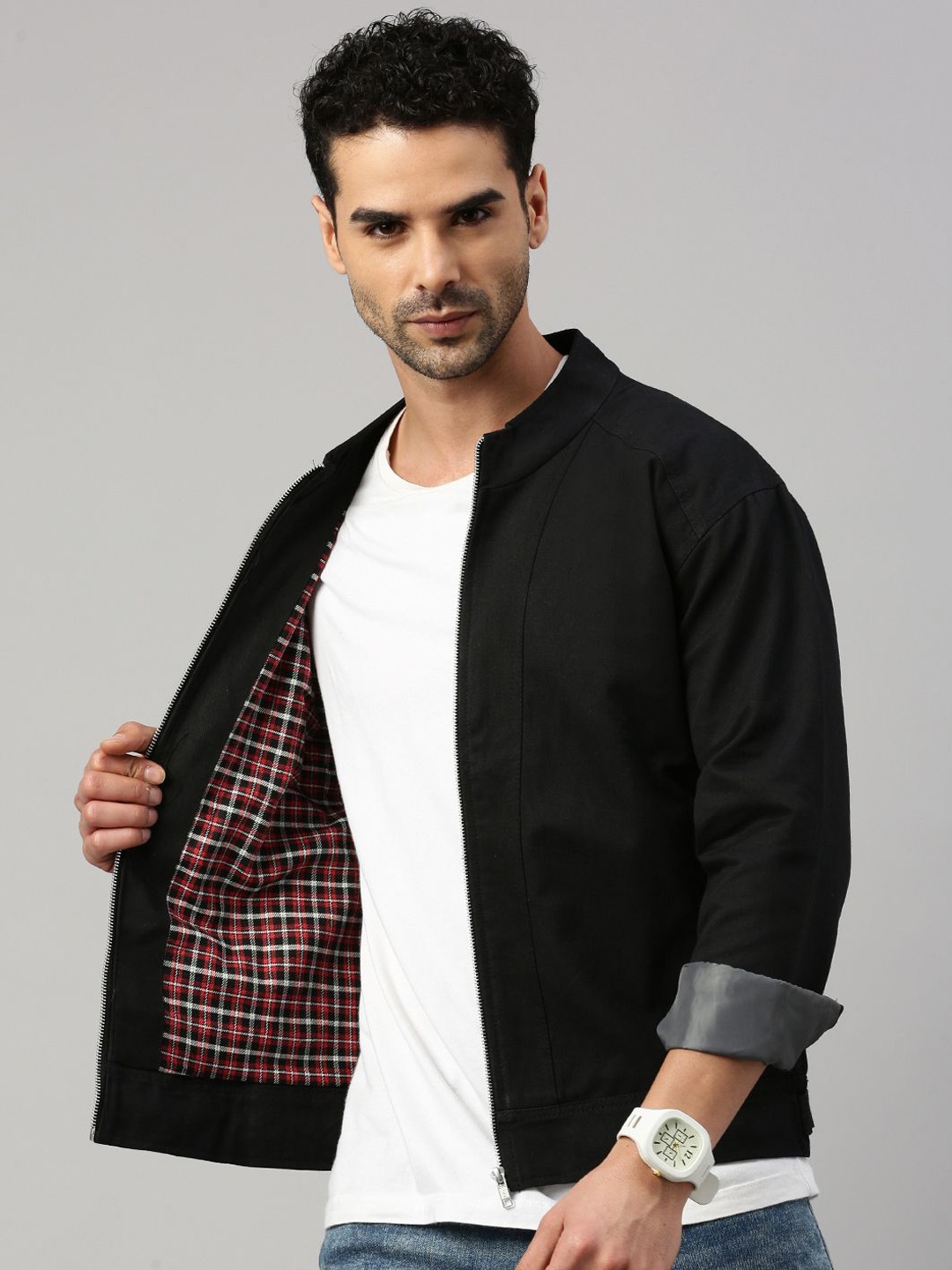 

VOXATI Men Camouflage Checked Tailored Jacket with Patchwork, Black