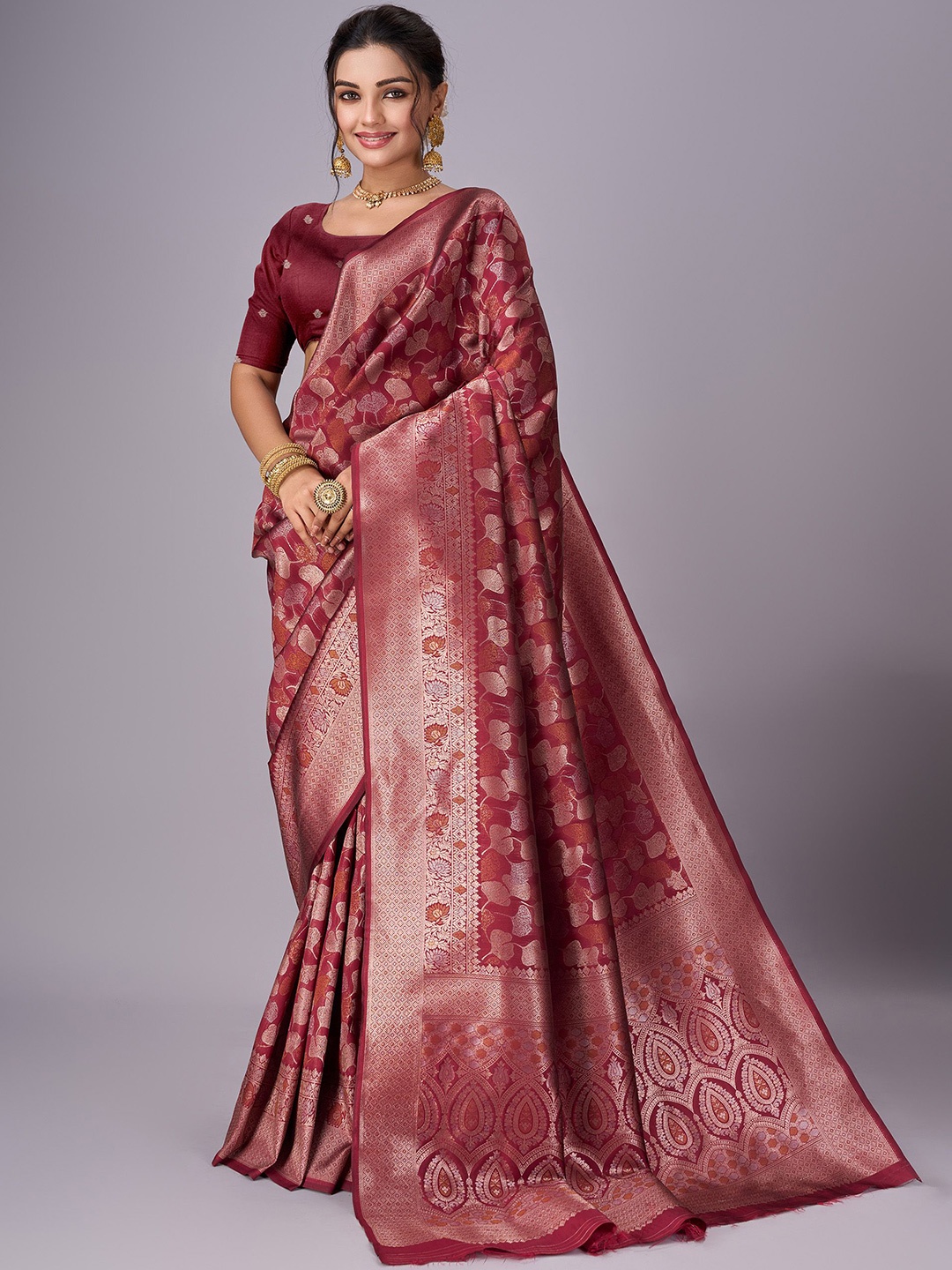 

SANJANA SILK Floral Zari Jute Silk Kanjeevaram Saree, Maroon