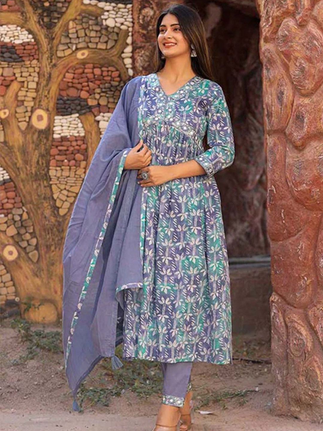 

ARAVALII Floral Printed Pleated Mirror Work Pure Cotton Kurta With Trousers & Dupatta, Blue