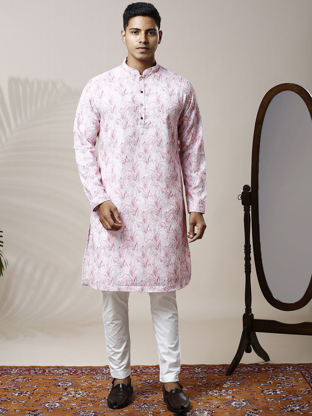 

Be Desi Abstract Printed Thread Work Mandarin Collar Straight Kurta with Pyjamas, Pink