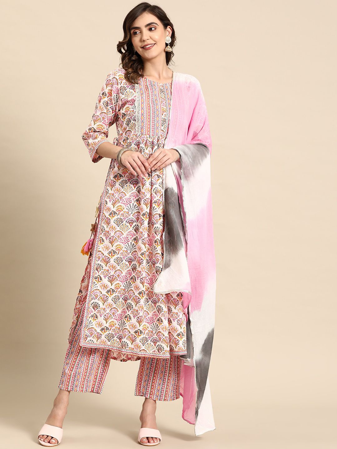 

IndigoFerry Floral Printed Gotta Patti Pure Cotton Straight Kurta with Trousers & Dupatta, White