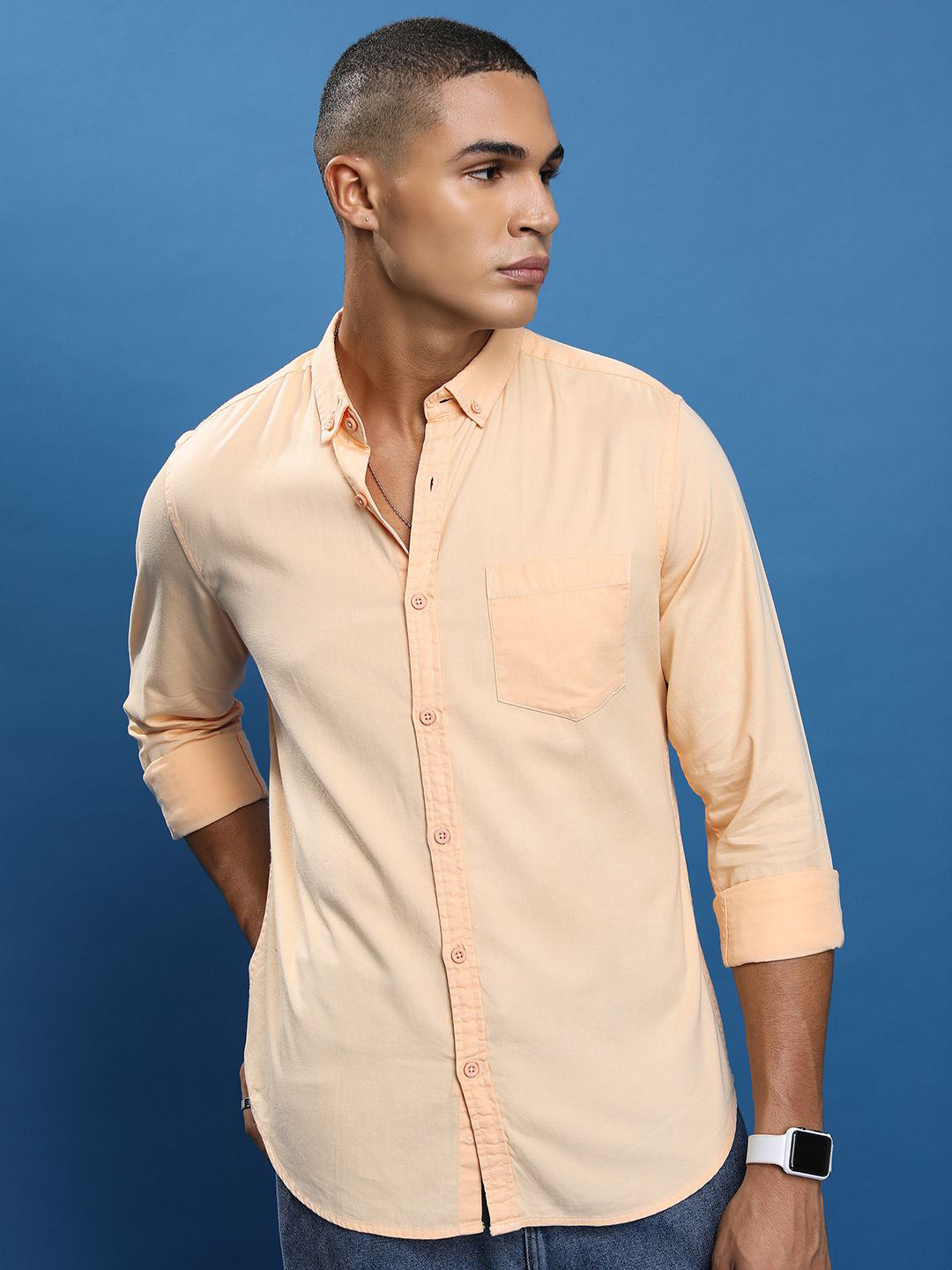 

HIGHLANDER Men Slim Fit Opaque Casual Shirt, Peach