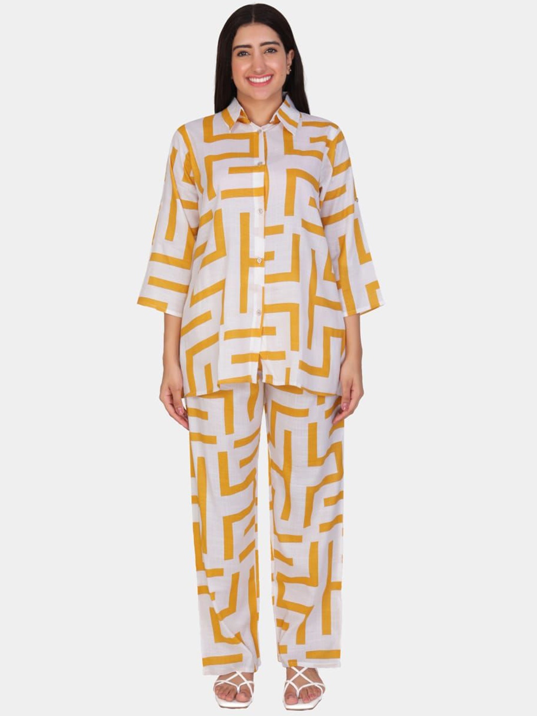 

BAESD Geometric Printed Pure Cotton Shirt With Palazzo, Yellow
