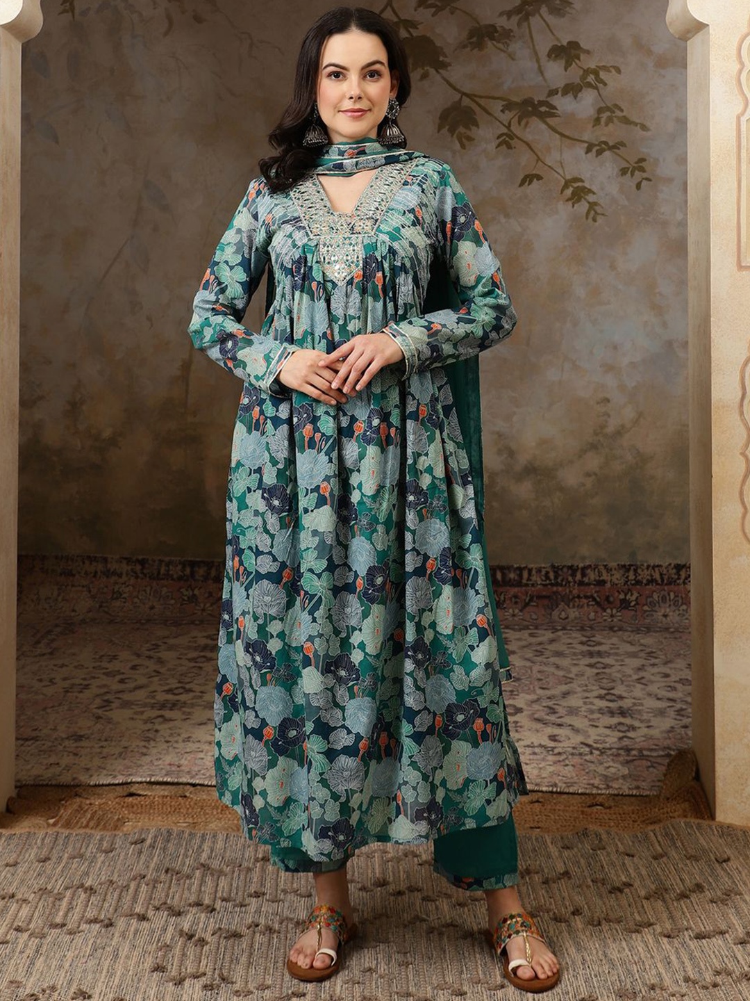 

BANDIA Floral Printed V-Neck Pure Cotton Anarkali Kurta With Trousers & Dupatta, Teal