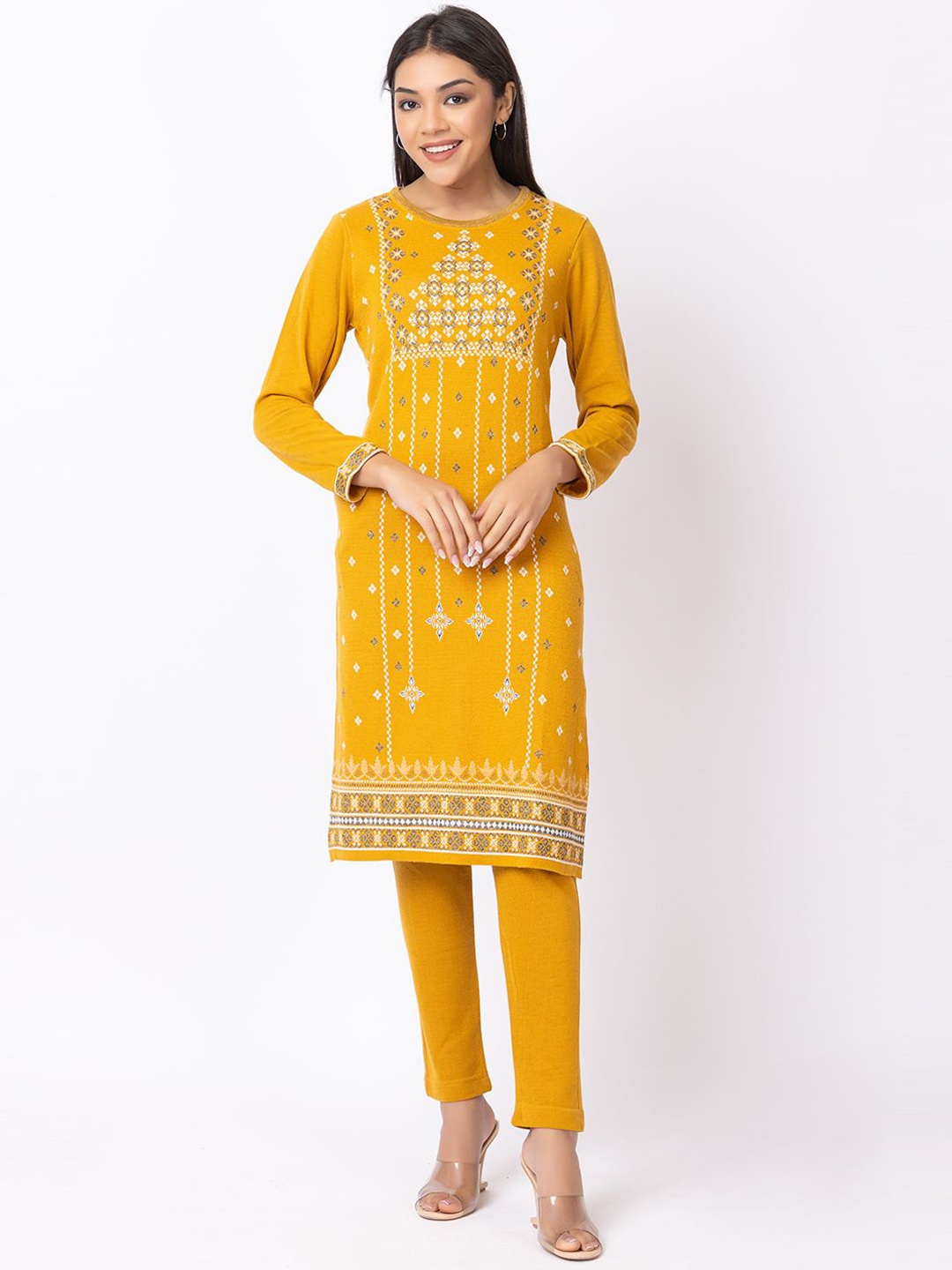 

Anouk Women Ethnic Motifs Embroidered Keyhole Neck Flared Sleeves Thread Work Jacquard Winter Wear Kurta, Mustard