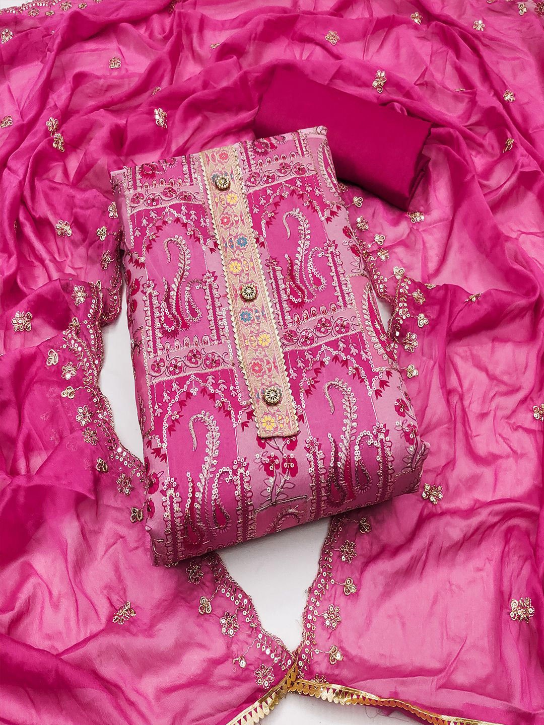 

Lilots Organza Unstitched Dress Material, Pink