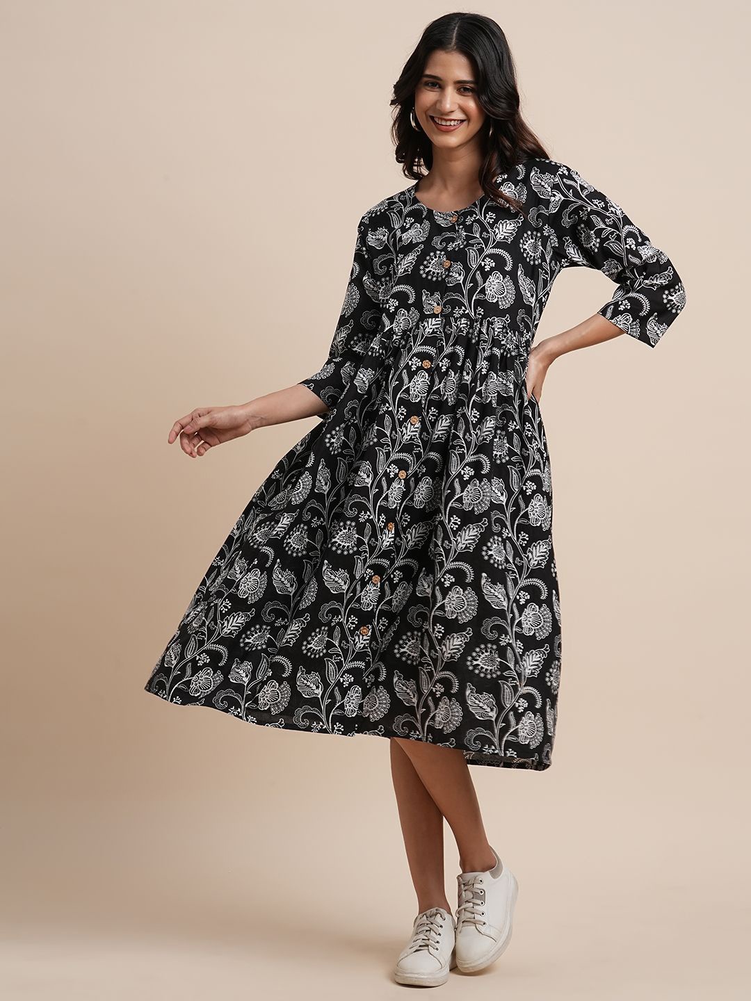 

BAPS Ethnic Motifs Print A-Line Midi Dress, Black