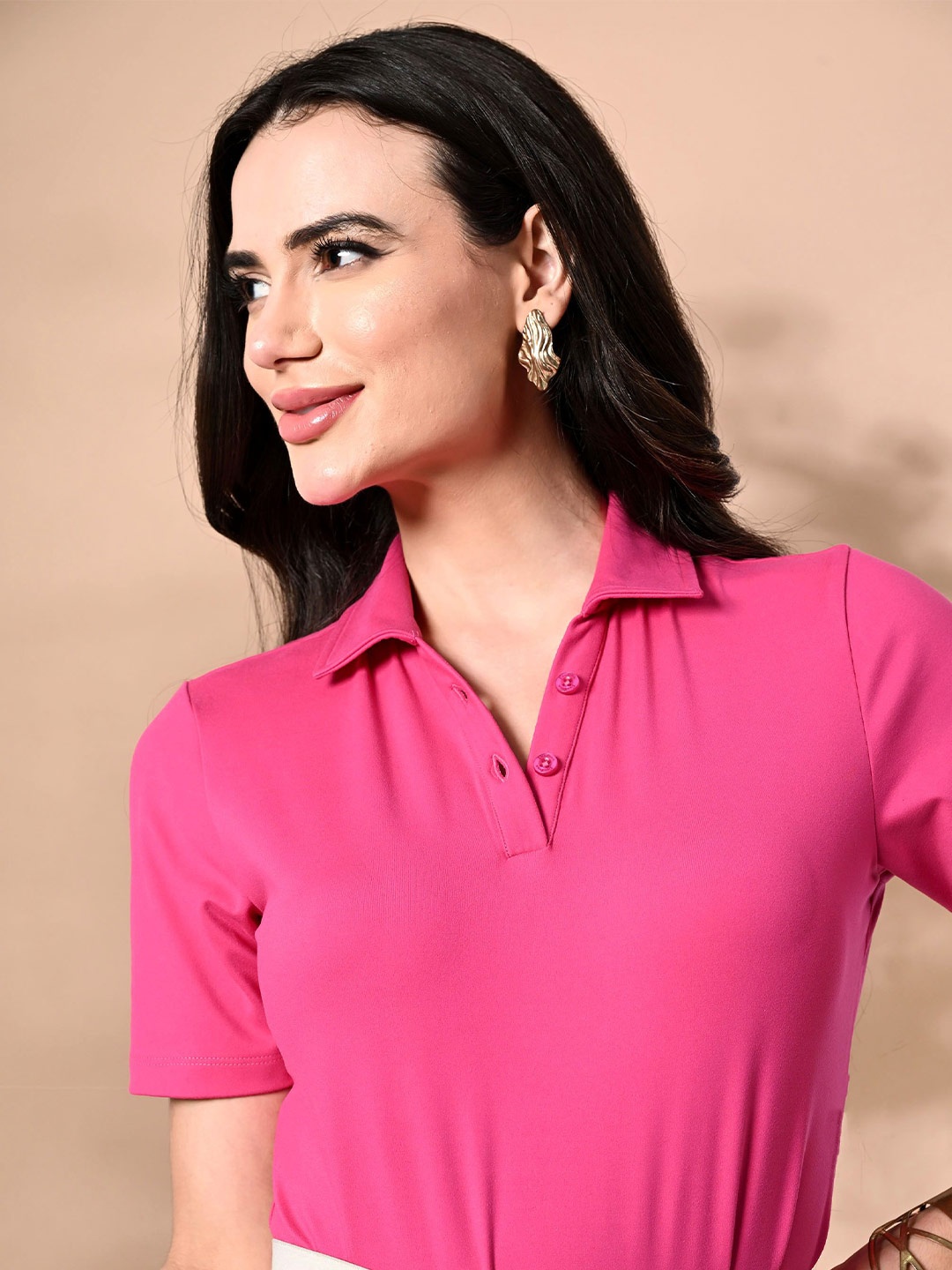 

PANDORNA Solid Fuchsia T-shirt Top With Collar