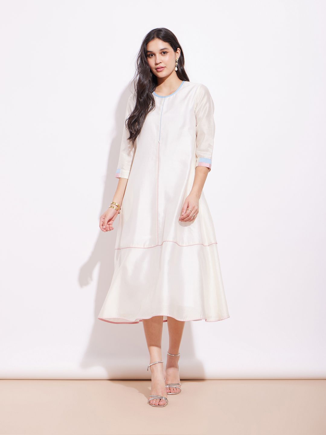 

Pink Fort Cotton A-Line Ethnic Dresses, Off white