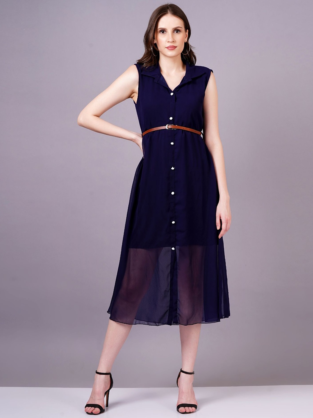 

HIGHLIGHT FASHION EXPORT Georgette Shirt Midi Dress, Navy blue