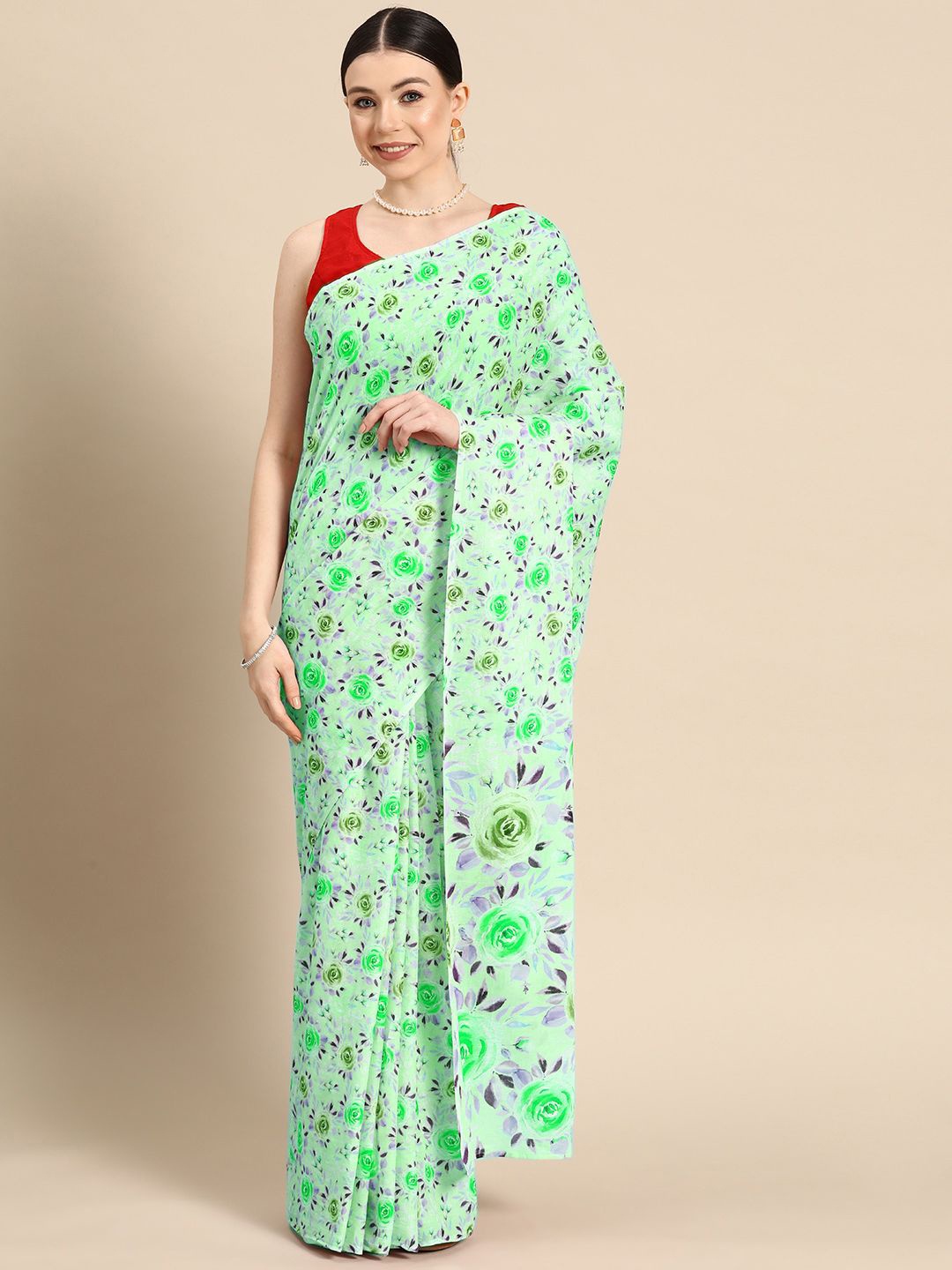 

BUTA BUTI Floral Pure Cotton Saree, Green