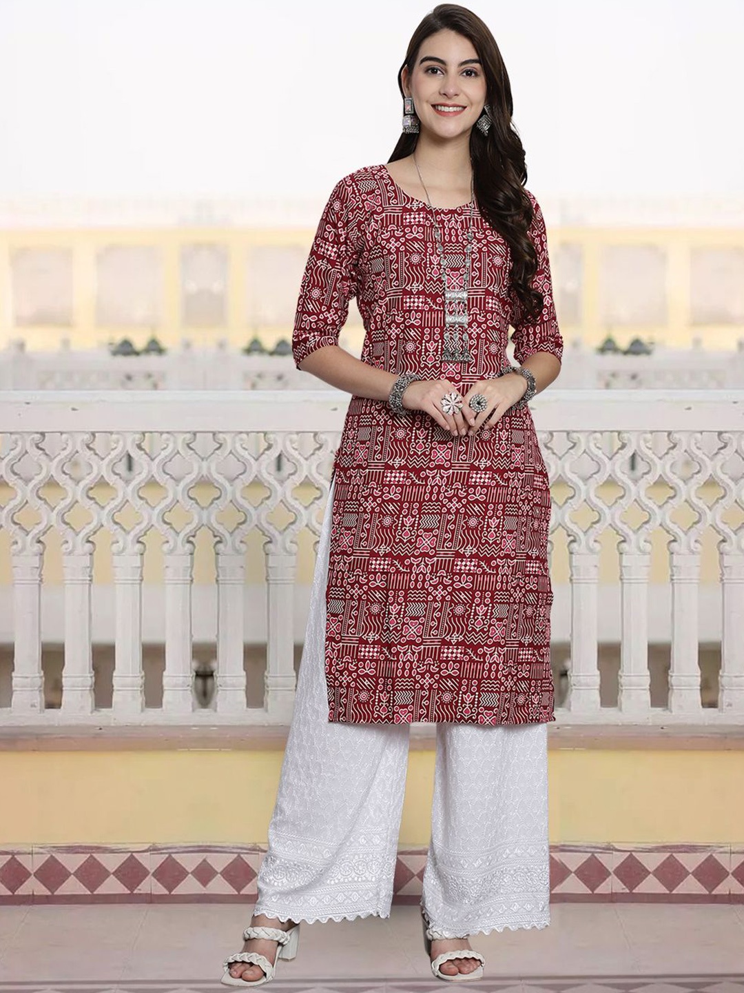 

KALINI Ethnic Motifs Printed Round Neck Crepe Straight Kurta, Maroon