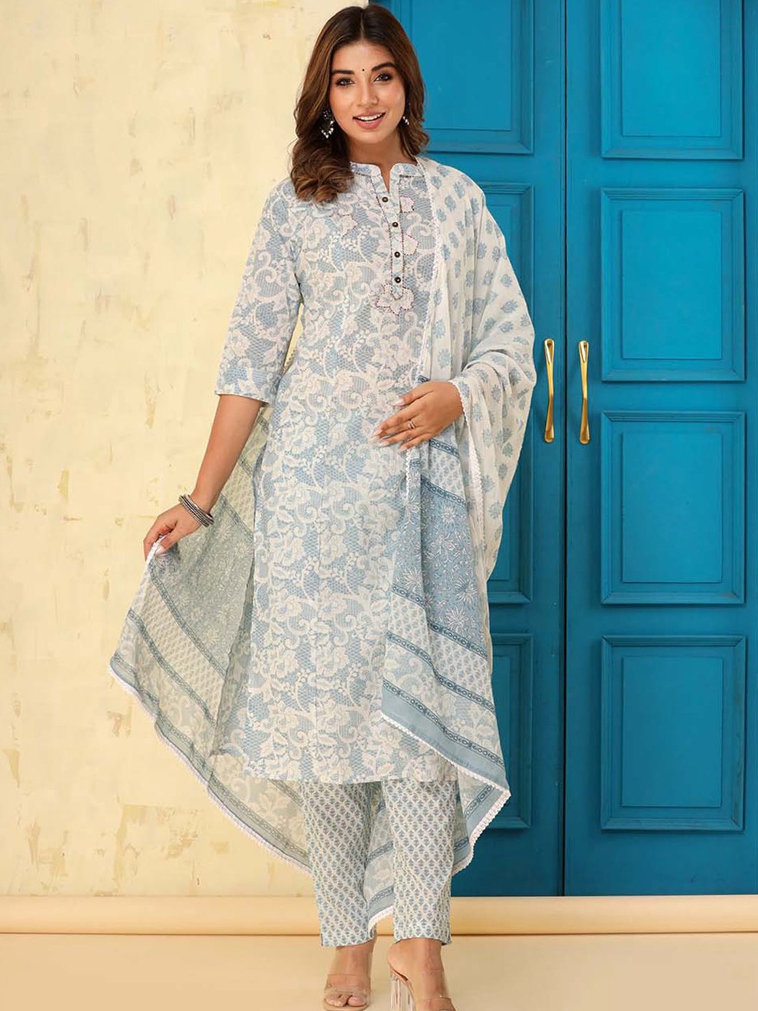 

ARAVALII Floral Printed Beads and Stones Pure Cotton Kurta With Trousers & Dupatta, Blue