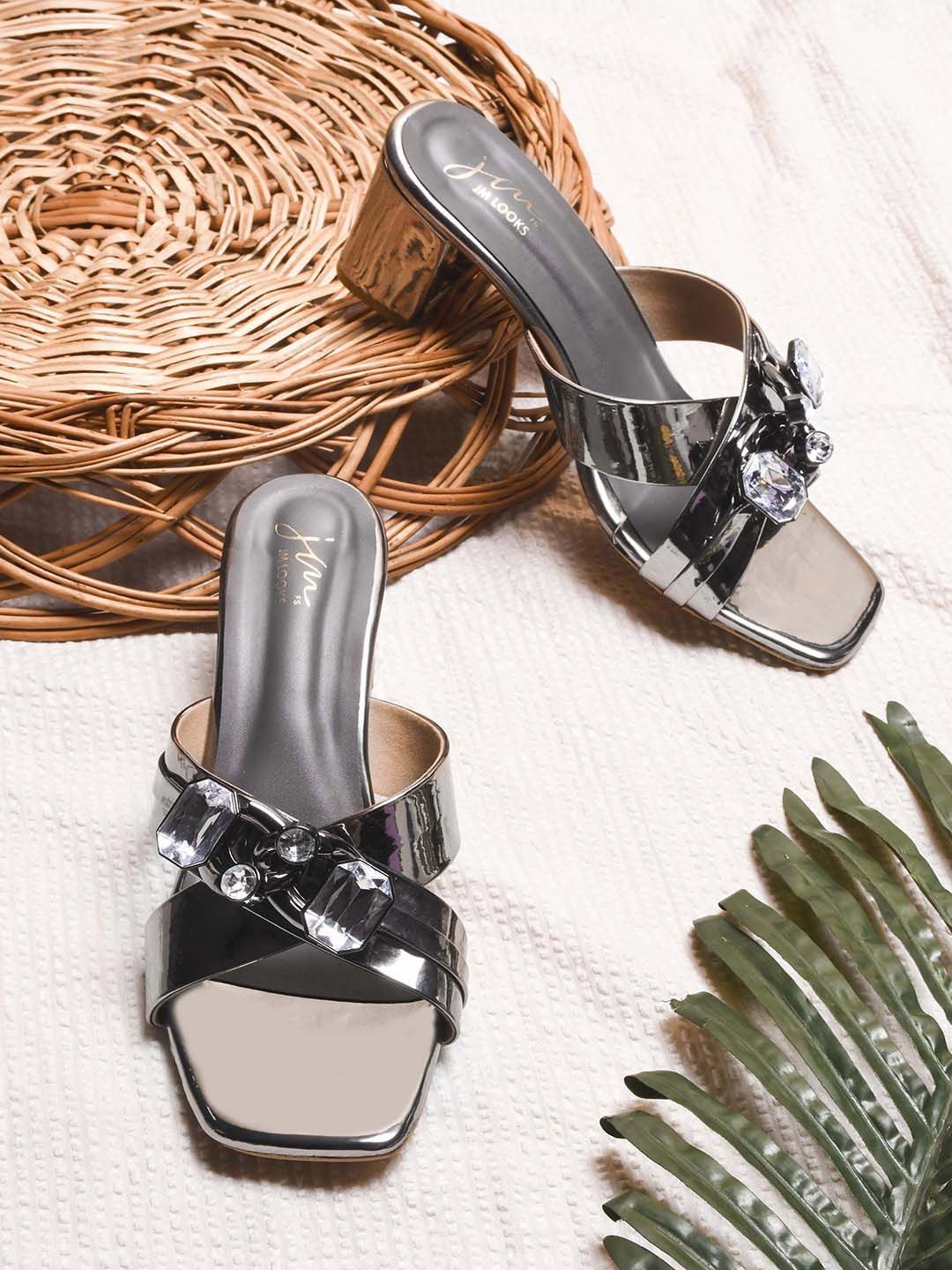 

JM Looks Women Embellished Block Sandals, Grey