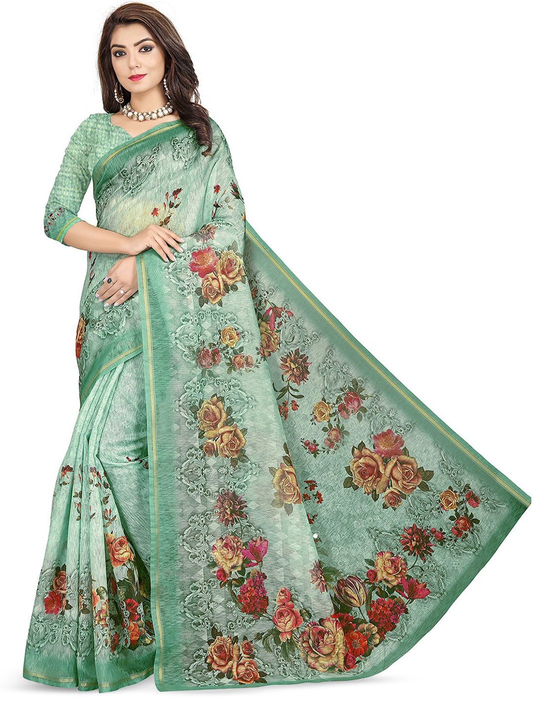 

BAESD Floral Zari Saree, Green