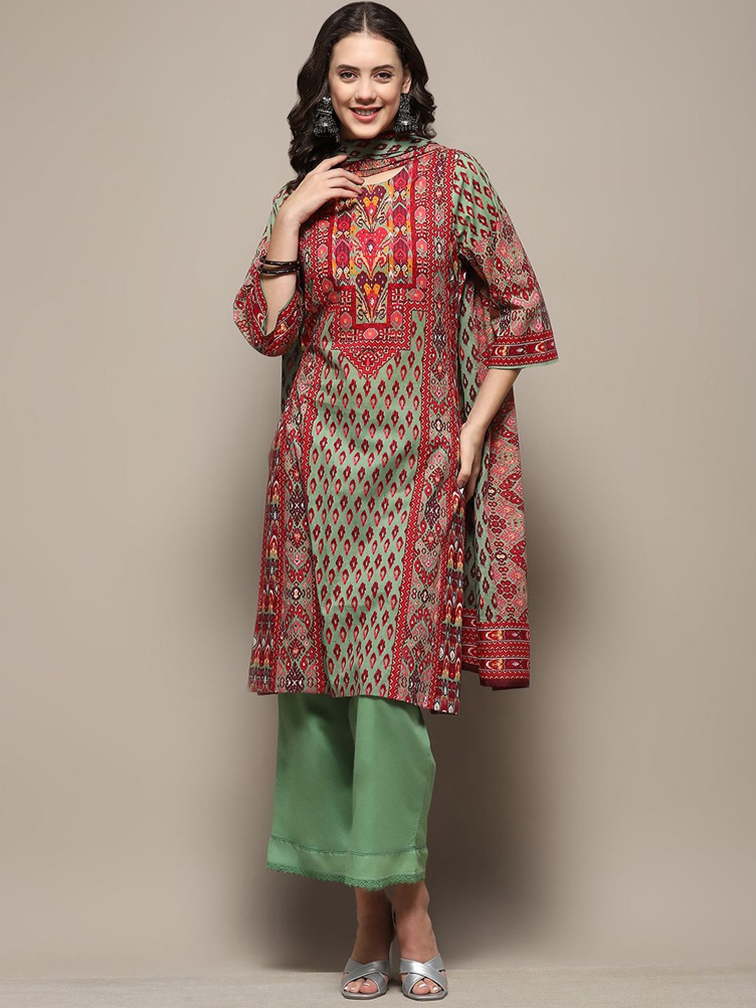 

Biba Ethnic Motifs Printed Round Neck Pure Cotton Straight Kurta With Palazzos & Dupatta, Green