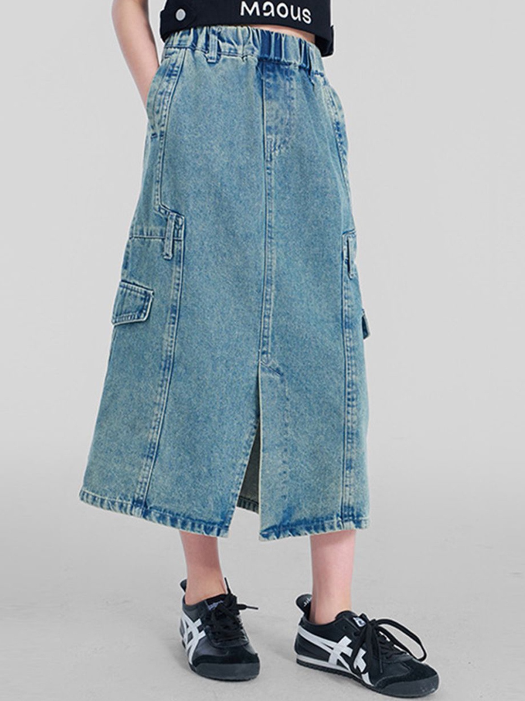 

INCLUD Girls Back & Side Slit Denim Long Skirt, Blue