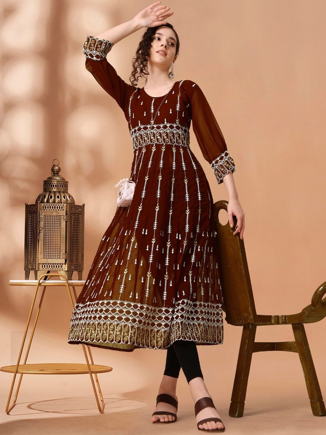 

KALINI Geometric Embroidered Anarkali Kurta, Brown