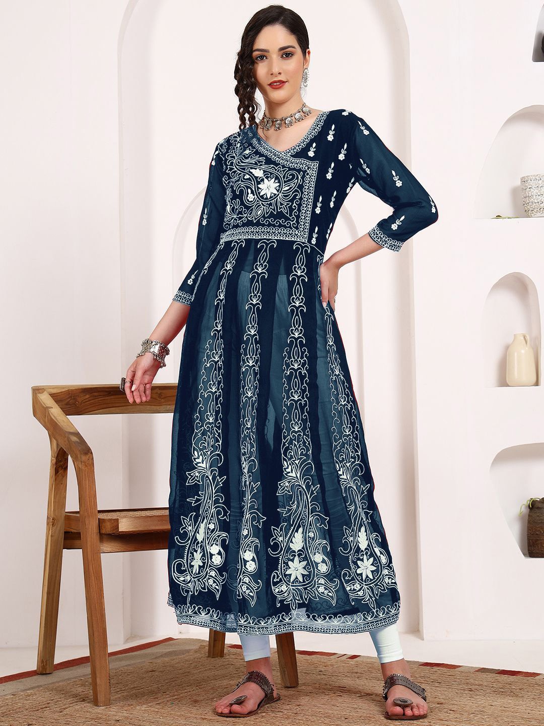 

KALINI V Neck Ethnic Motifs Chikankari Embroidery Georgette Anarkali Kurta, Teal