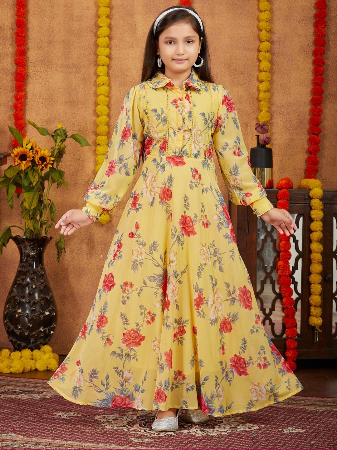 

BAESD Girls Floral Printed Shirt Collar Cuffed Sleeves Maxi Dress, Yellow