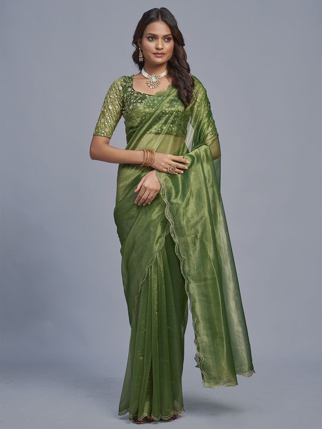 

JULEE Embroidered Organza Saree, Green