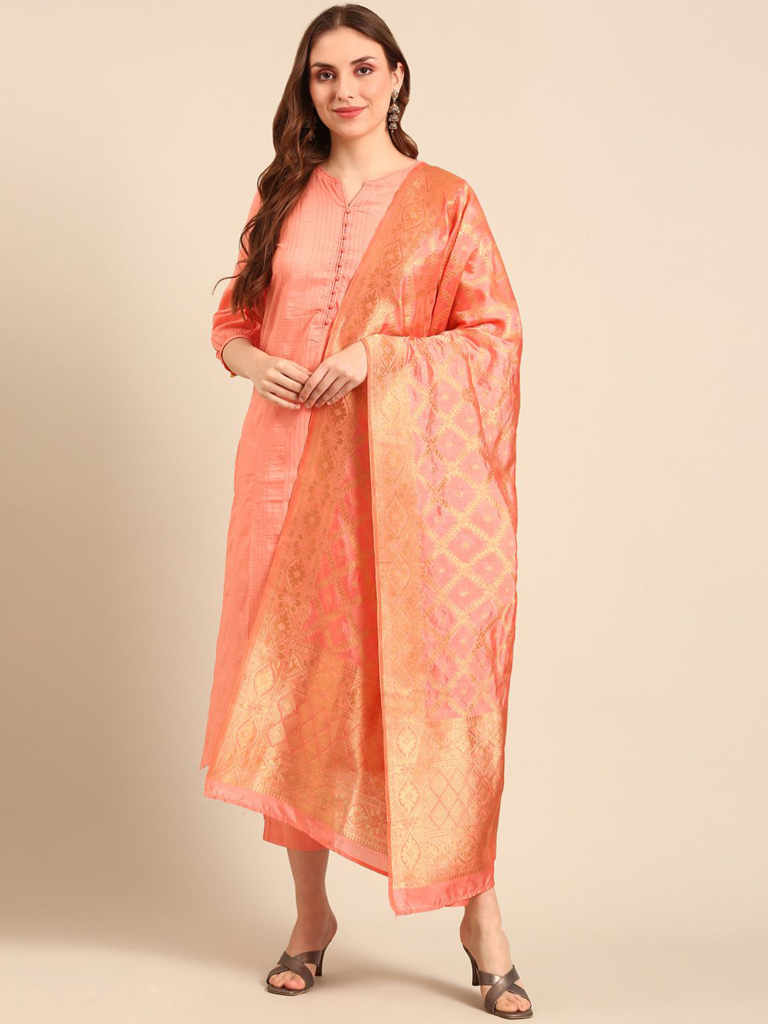 

Anouk Women Regular Chanderi Cotton Kurta with Trousers & With Dupatta, Peach