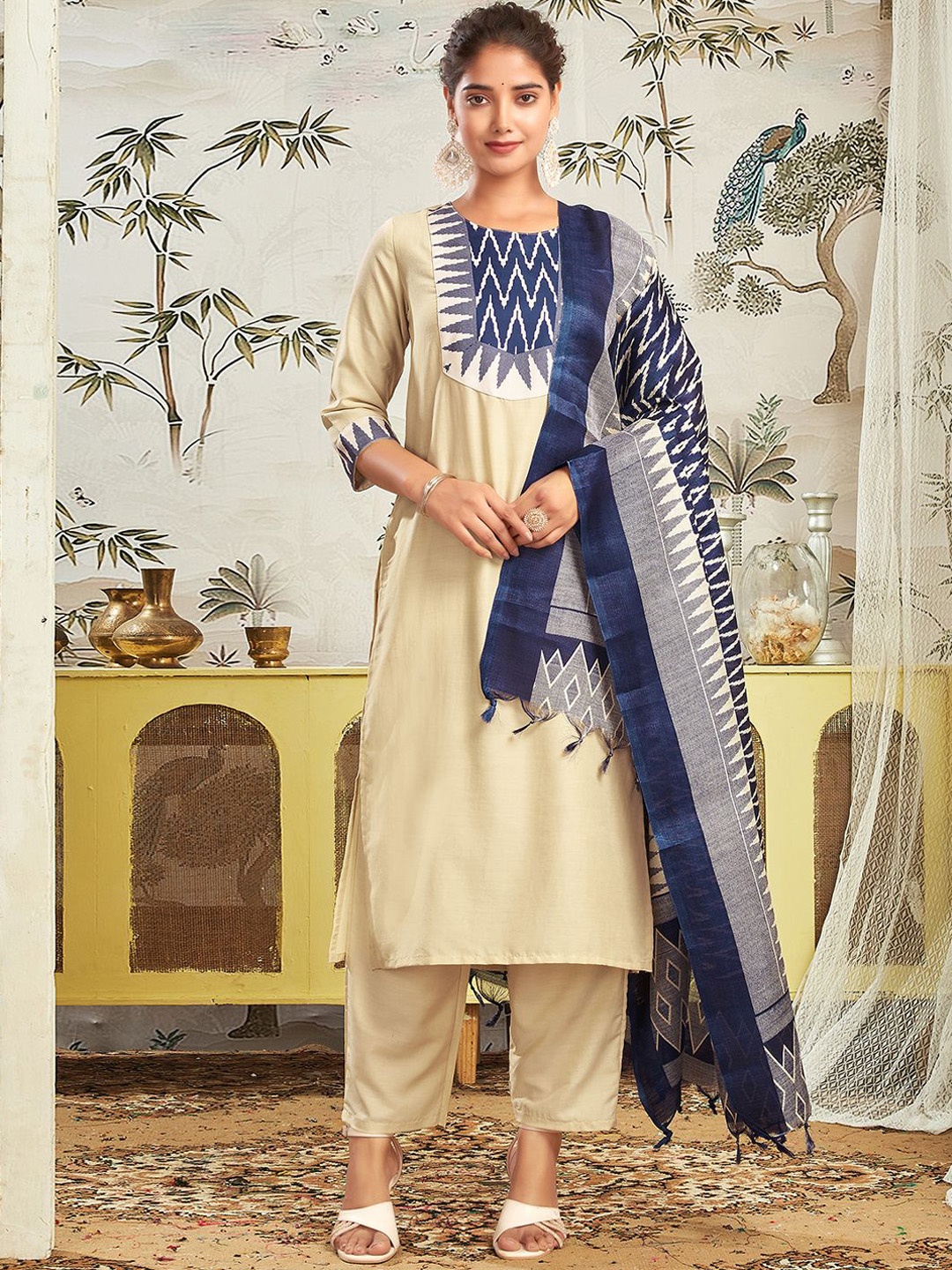 

KALINI Ethnic Motifs Yoke Design Straight Kurta with Trousers & Dupatta, Beige