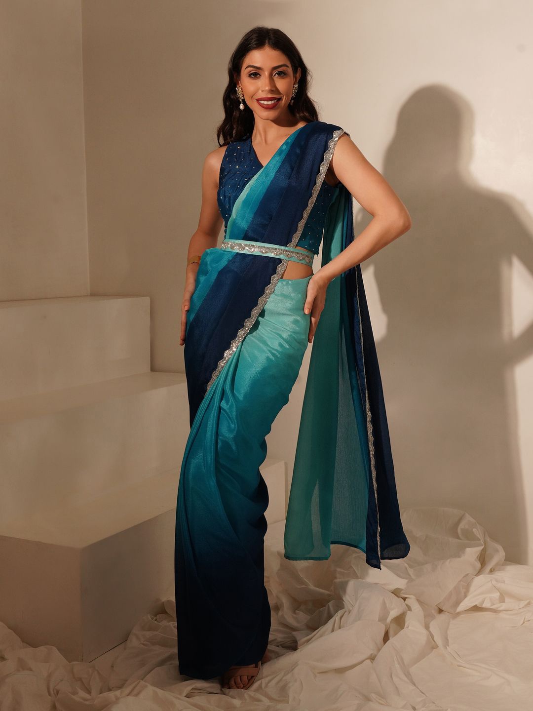 

AMOHA TRENDZ Ombre Embroidered Silk Blend Ready to Wear Saree, Teal