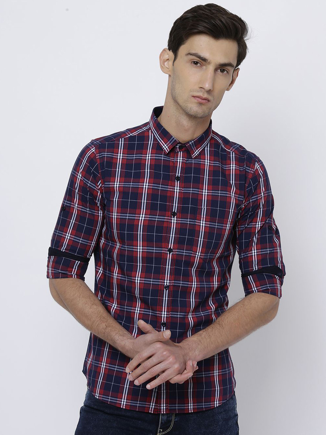 

HIGHLANDER Men Slim Fit Tartan Checks Opaque Checked Casual Shirt, Red