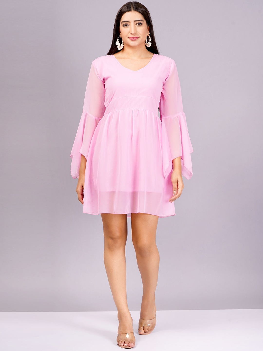 

HIGHLIGHT FASHION EXPORT Bell Sleeve Georgette Fit & Flare Dress, Pink