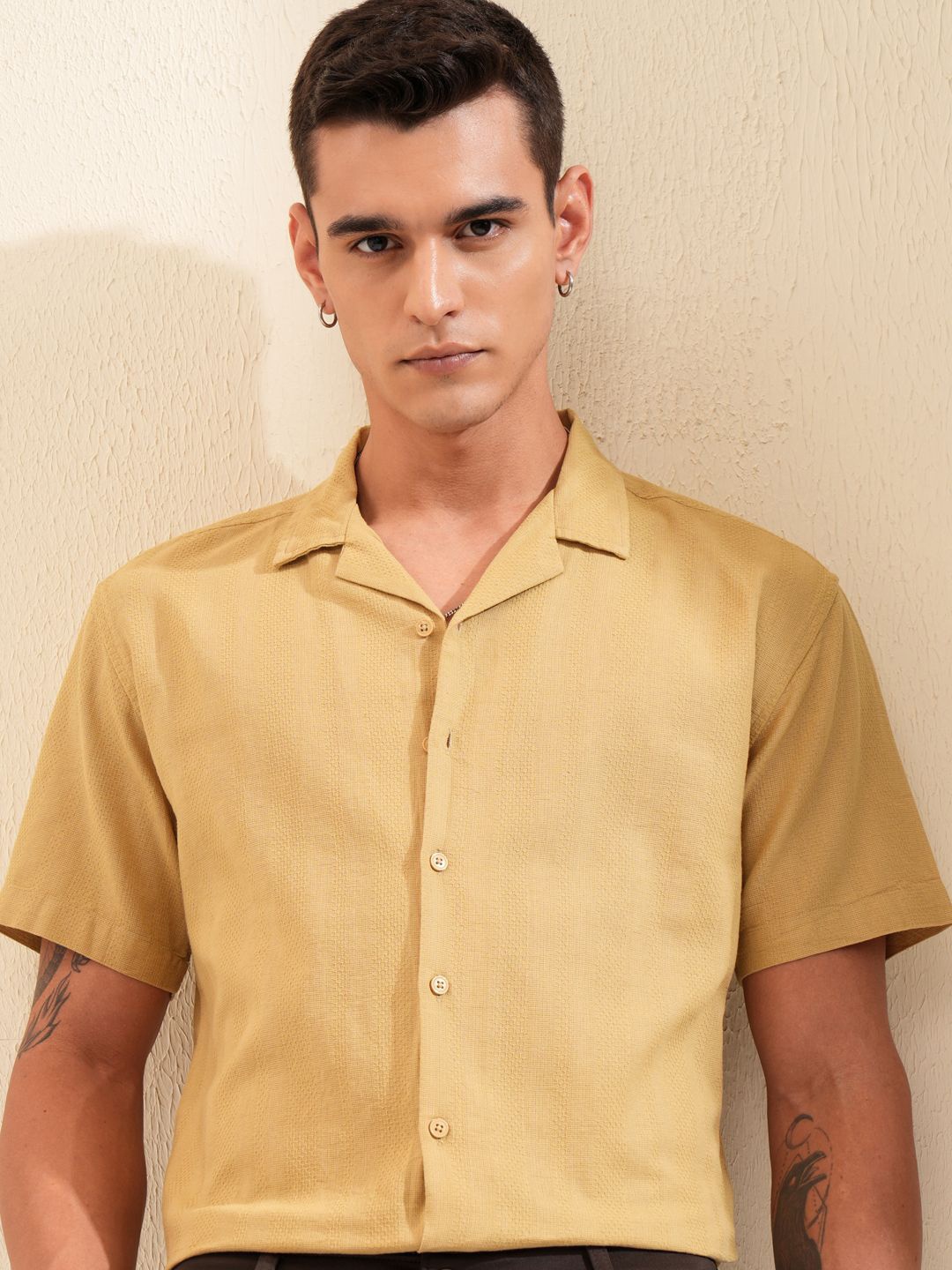 

Highlander Men Dobby Textured Solid Cuban Collar Relaxed Shirt, Mustard