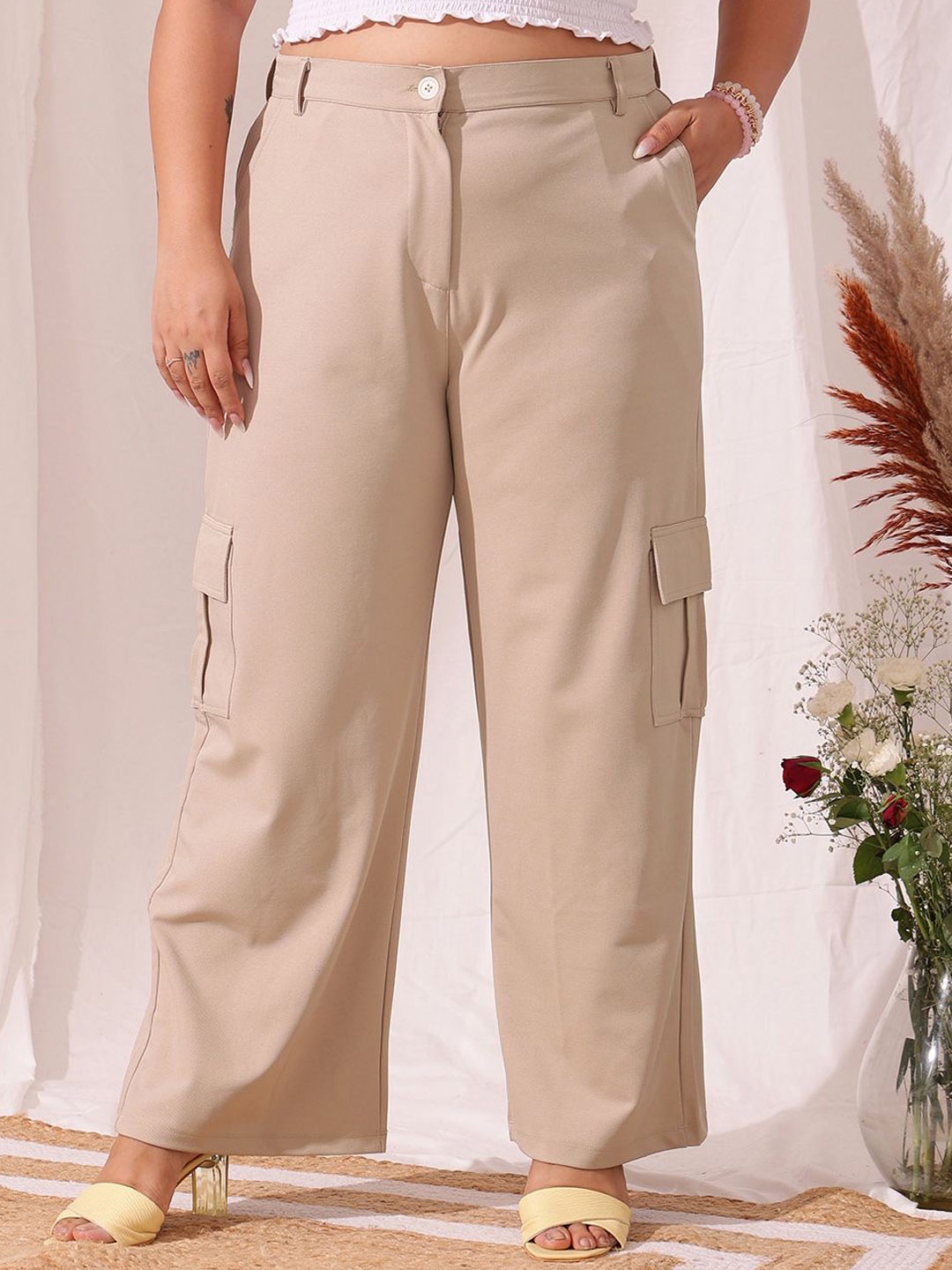 

CURVY STREET Women Relaxed Straight Fit Cargos Trousers, Beige