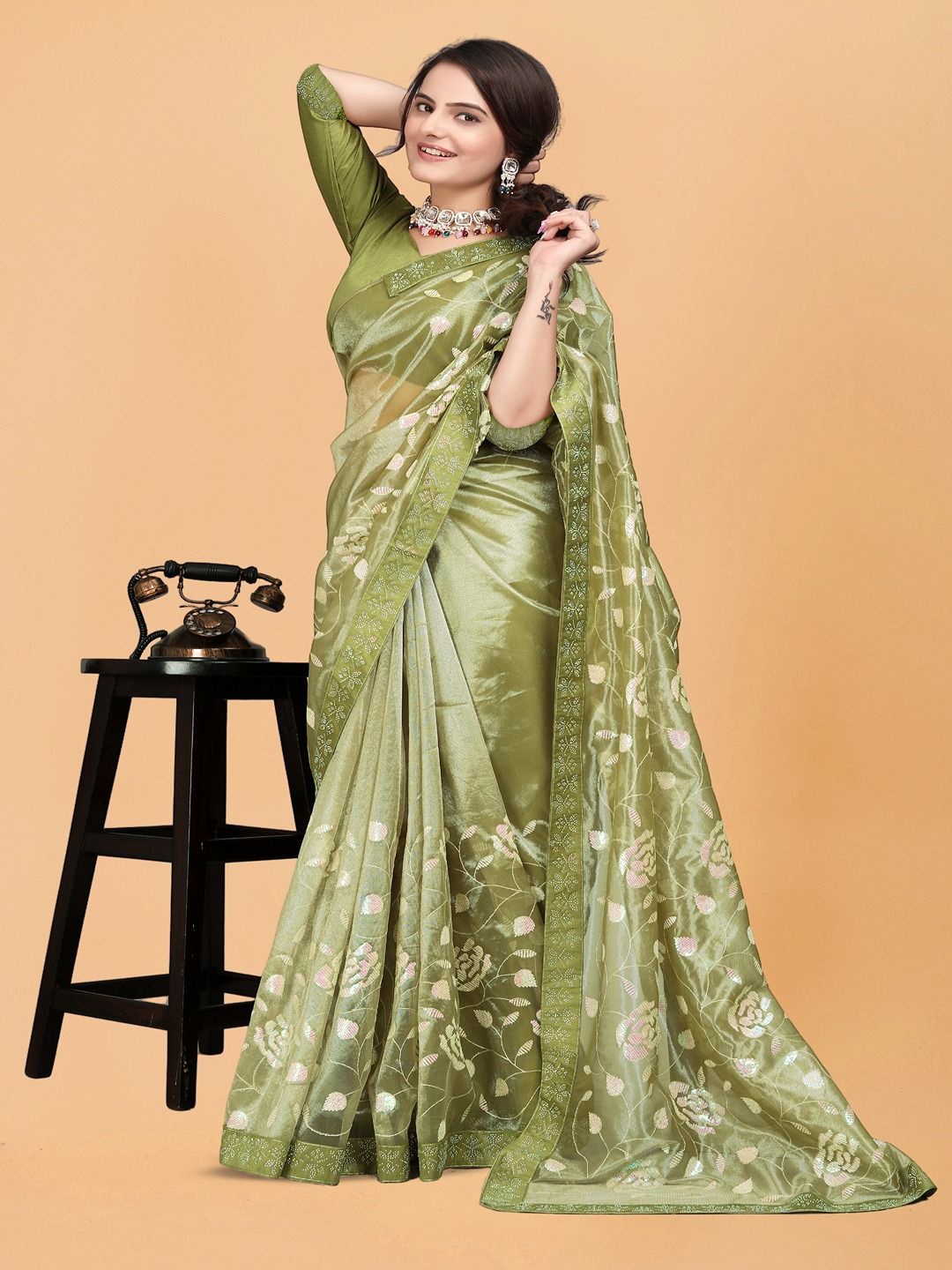 

ANJAVI FASHION Floral Embroidered Net Saree, Khaki