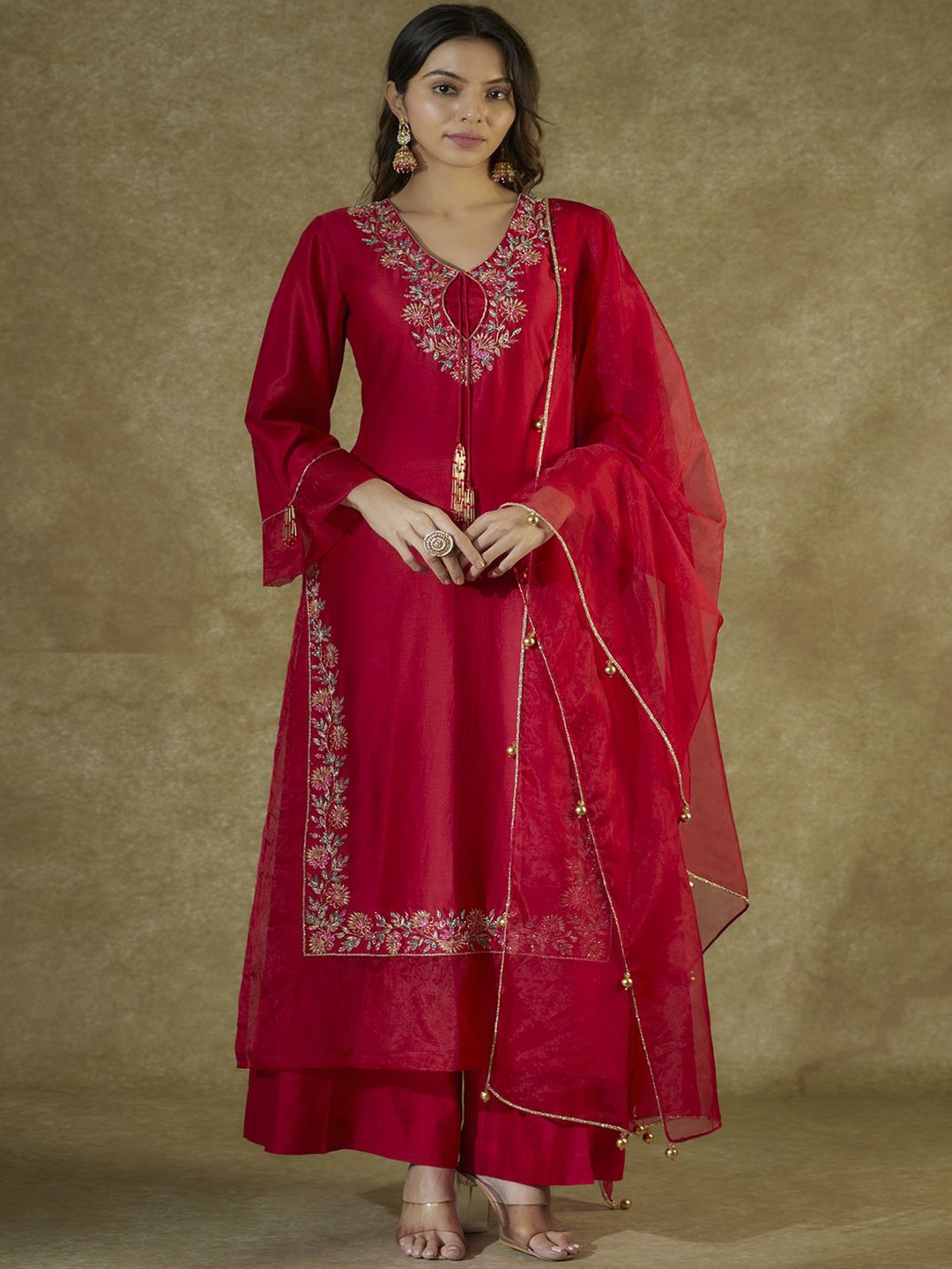 

The Aarya Floral Embroidered Thread Work A Line Kurta with Palazzos & Dupatta, Red