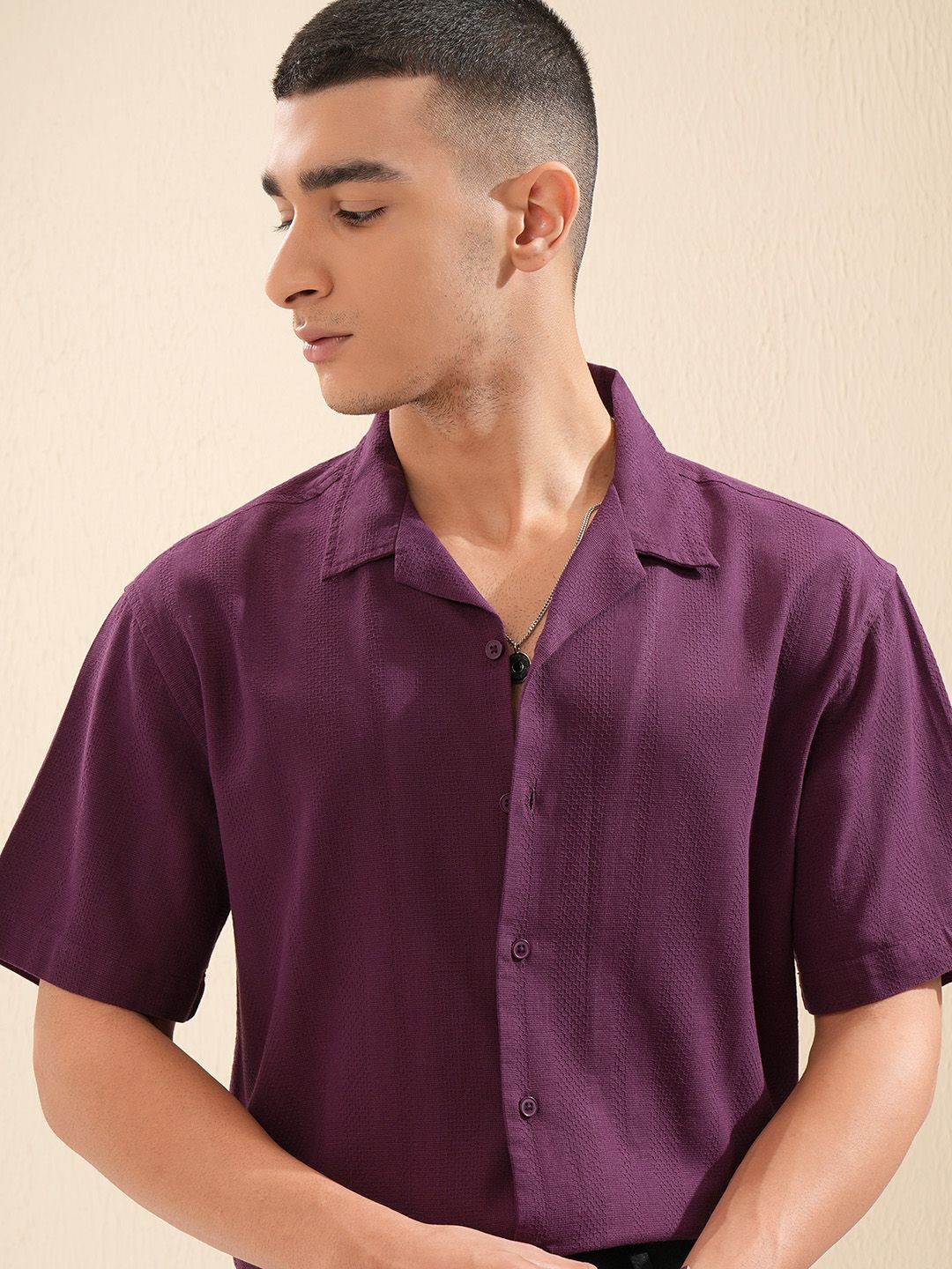 

Highlander Men Dobby Textured Solid Cuban Collar Relaxed Shirt, Purple