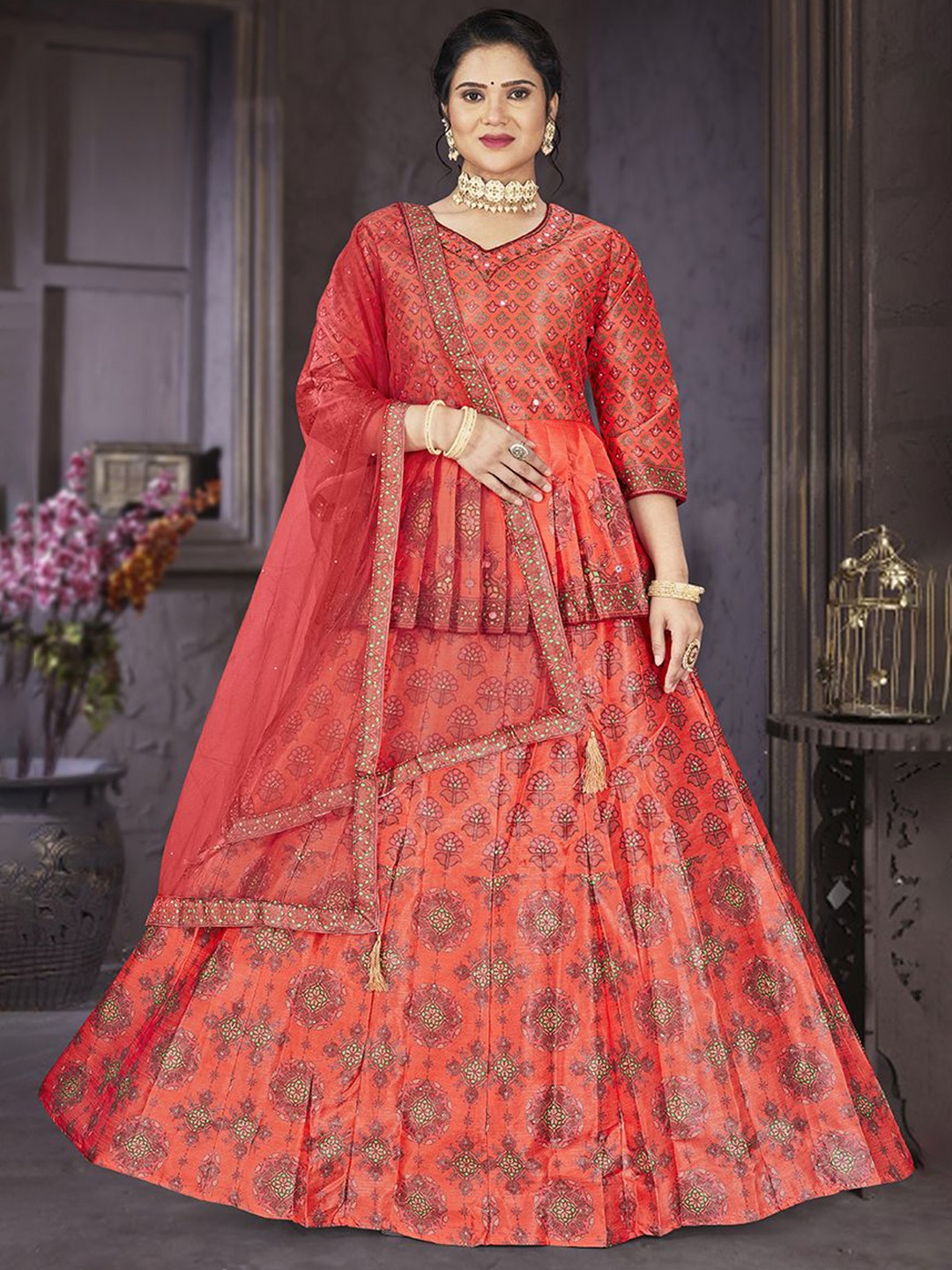 

EthnicTree Printed Beads and Stones Ready to Wear Lehenga & Blouse With Dupatta, Red