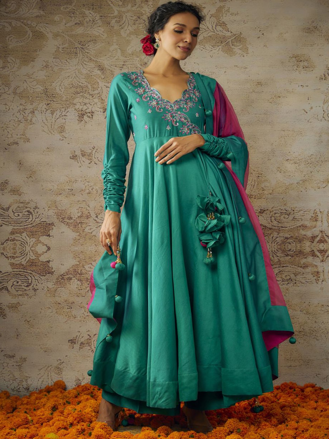 

The Aarya Ethnic Motifs Yoke Design Angrakha Zardozi Anarkali Kurta With Palazzo & Dupatta, Green