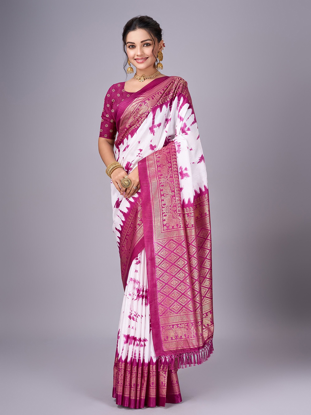 

Sanwariya Silk Tie and Dye Zari Art Silk Chanderi Saree, Magenta