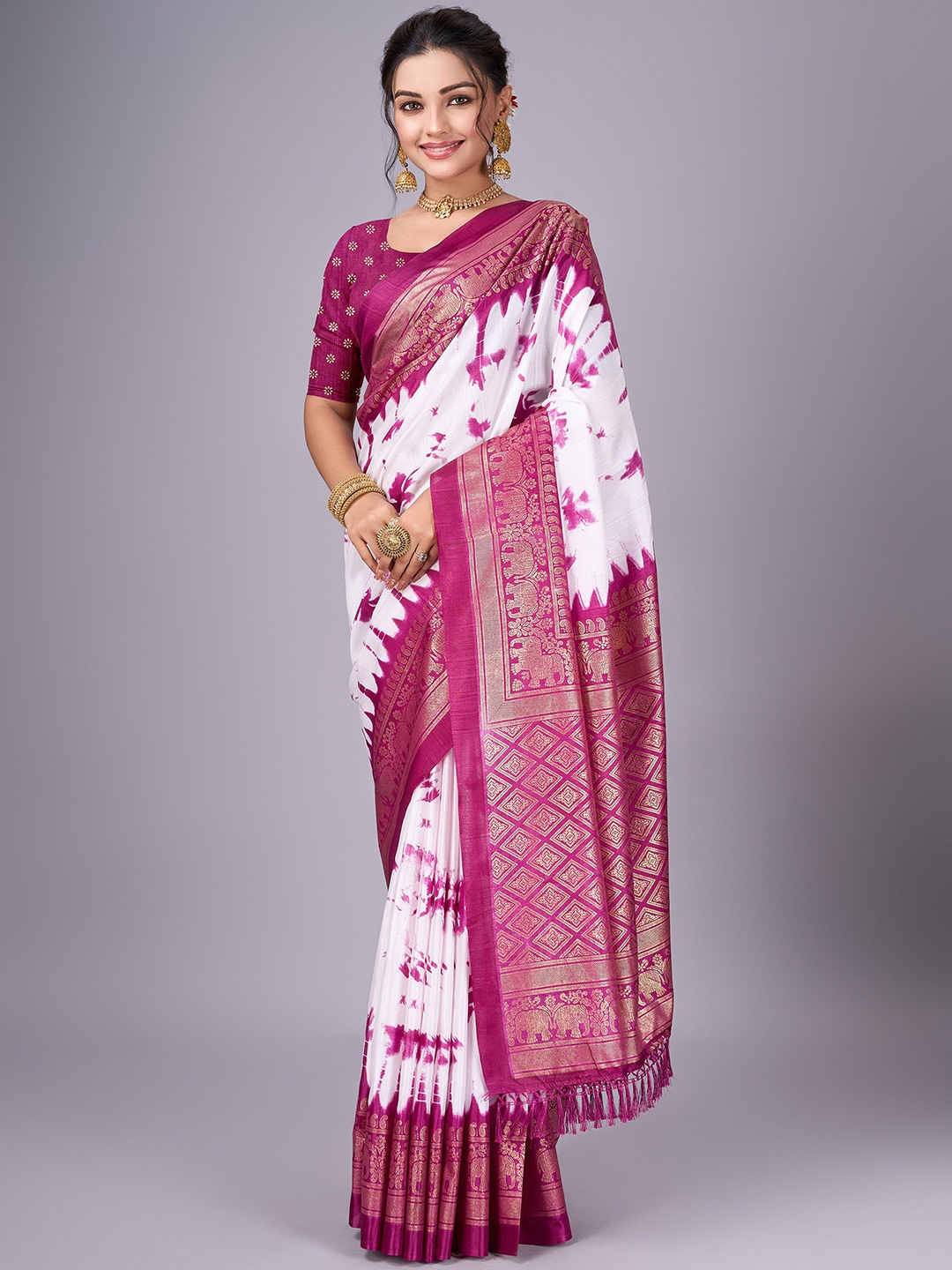 

SANJANA SILK Tie and Dye Zari Art Silk Chanderi Saree, Magenta