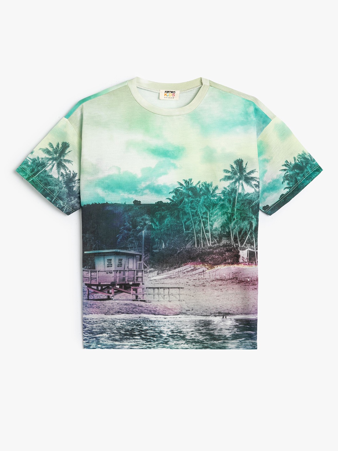 

Koton Boys Printed V-Neck Extended Sleeves Tropical Pockets T-shirt, Beige