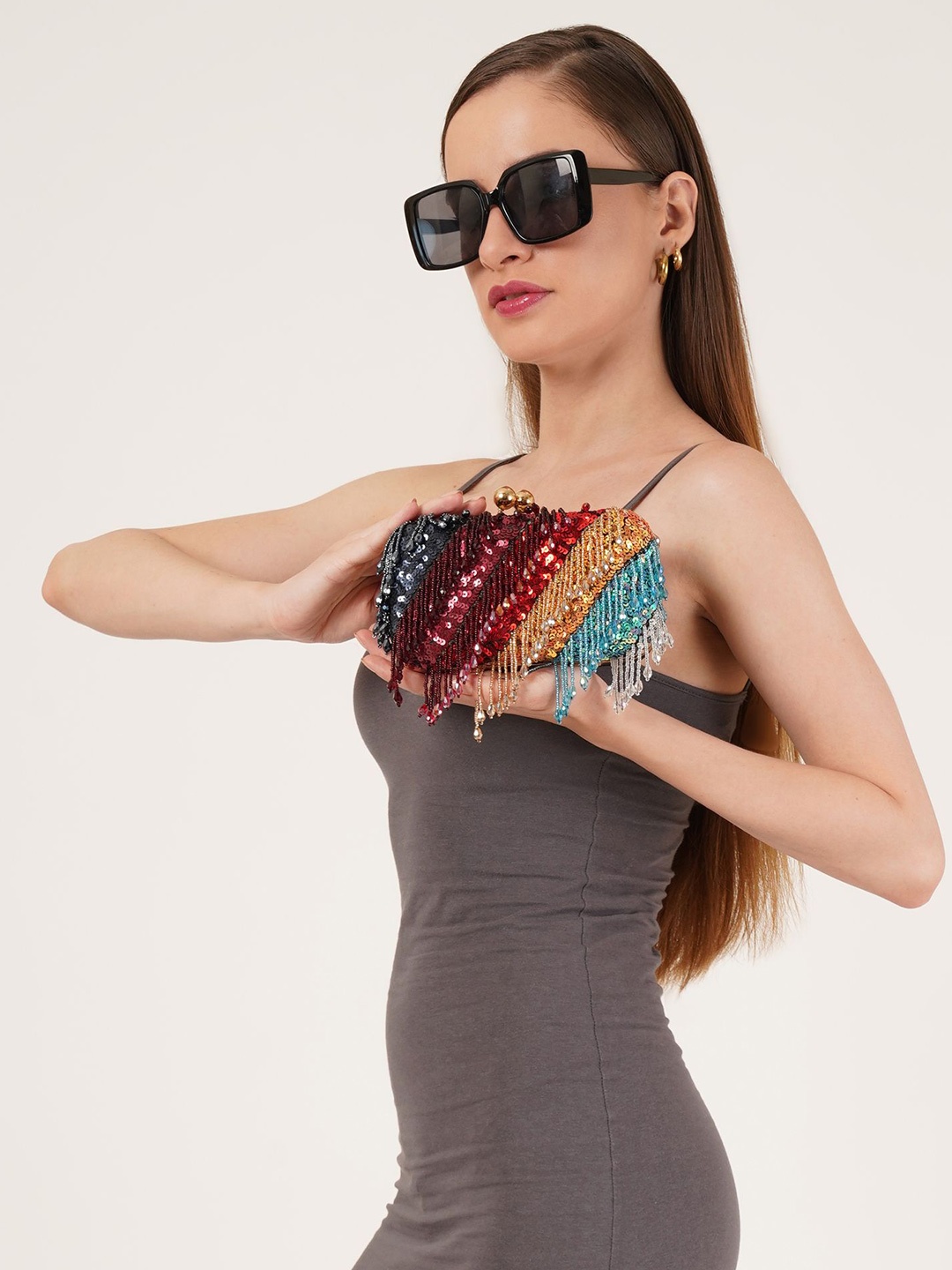 

FABBHUE Embroidered Box Clutch, Navy blue
