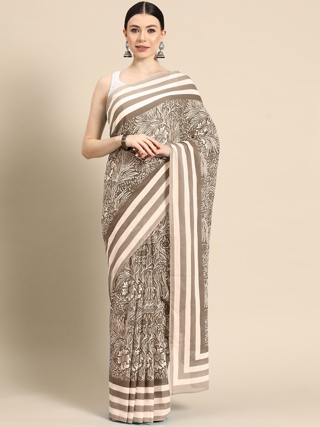 

BUTA BUTI Floral Pure Cotton Saree, Coffee brown