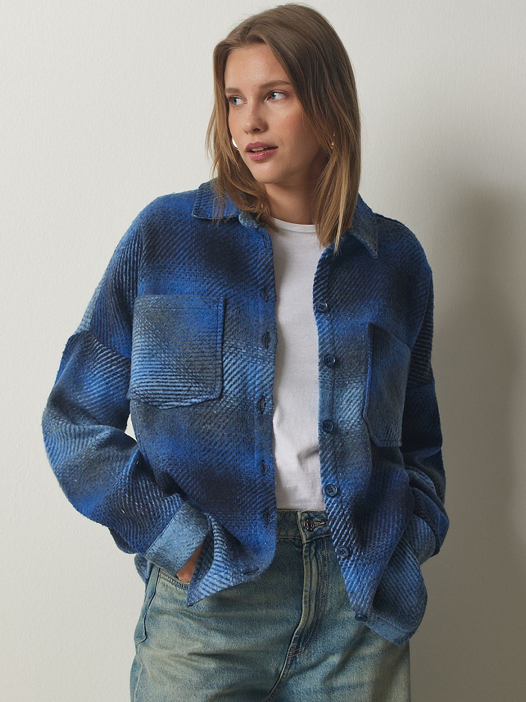 

Happiness istanbul Women Solid Longline Tailored Jacket, Blue