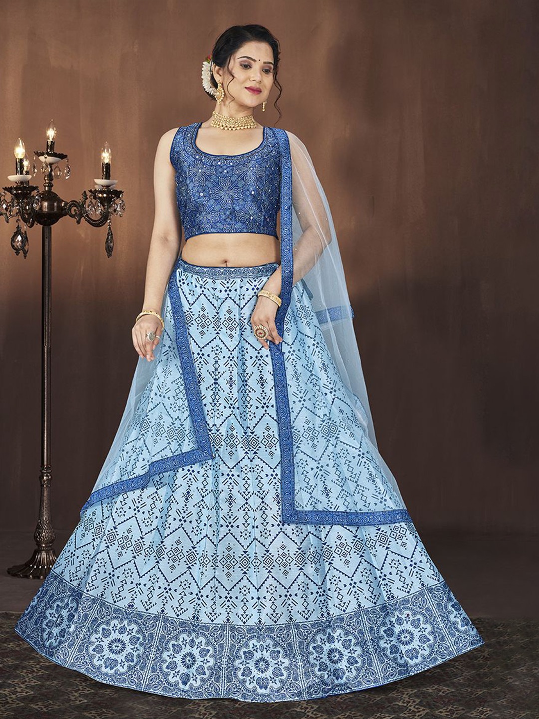 

EthnicTree Printed Beads and Stones Ready to Wear Lehenga & Blouse With Dupatta, Blue