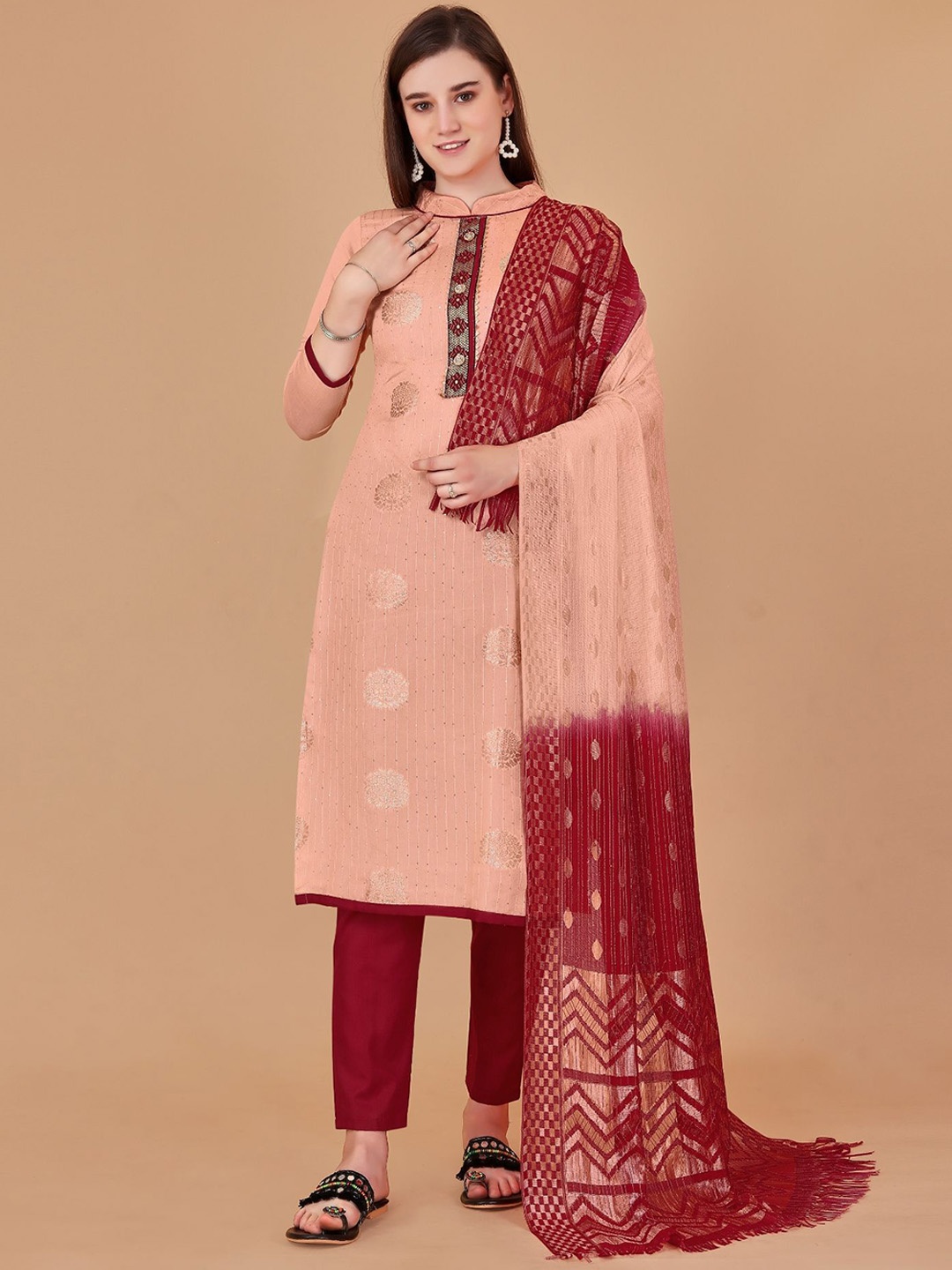 

LADY SHOPI Sequinned Embroidered Unstitched Dress Material, Beige