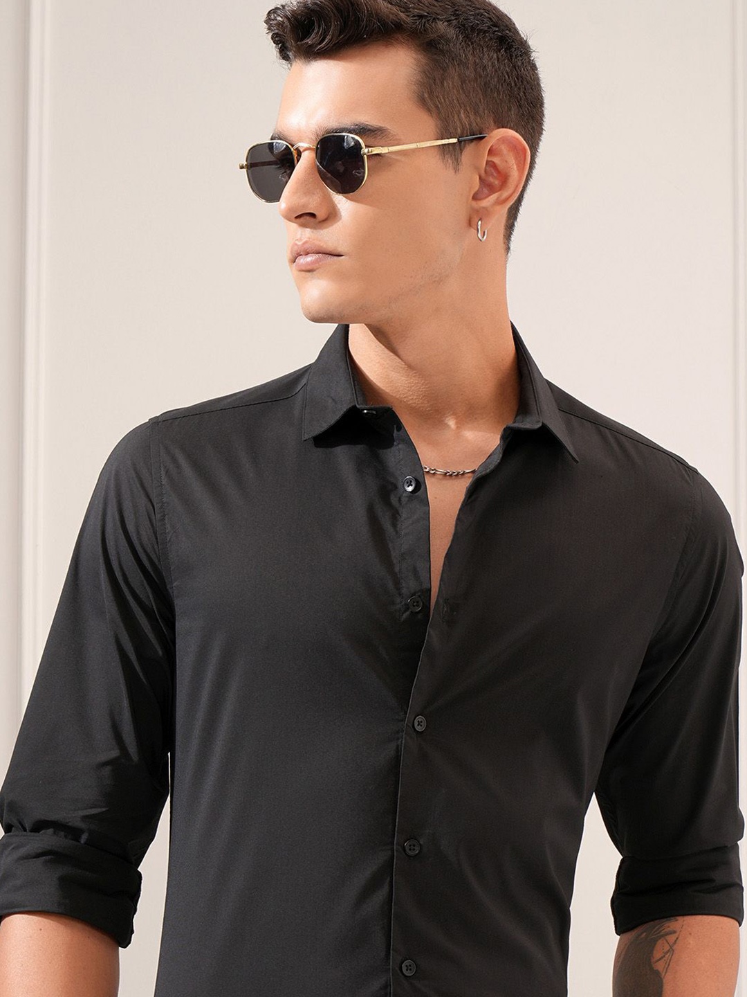 

Highlander Men Soft Stretch Solid Mui Occation Slim Fit Shirt, Black