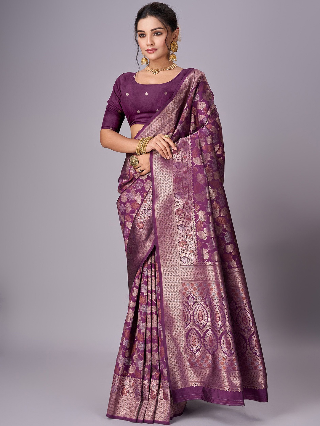 

SANJANA SILK Floral Zari Jute Silk Kanjeevaram Saree, Magenta