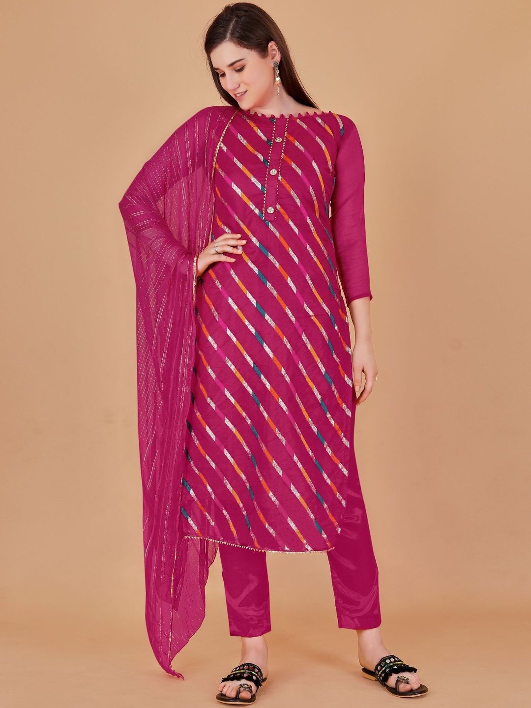 

LADY SHOPI Striped Embroidered Unstitched Dress Material, Pink