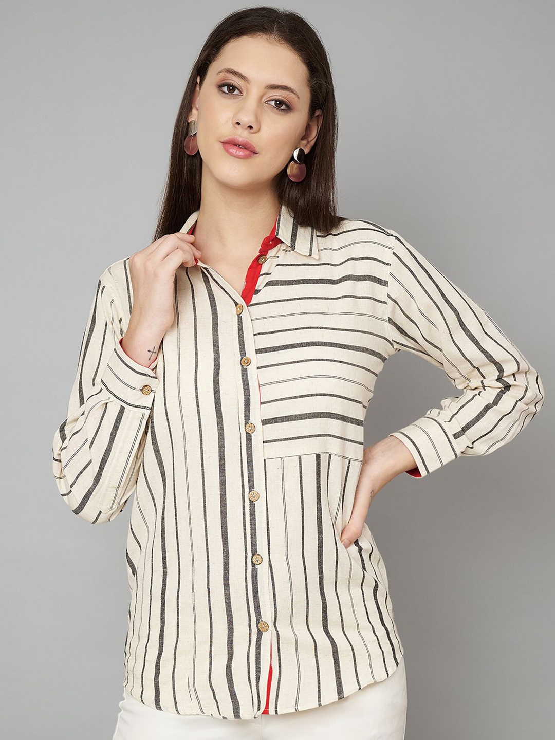 

FABRIC FITOOR Women Comfort Opaque Striped Casual Shirt, Off white