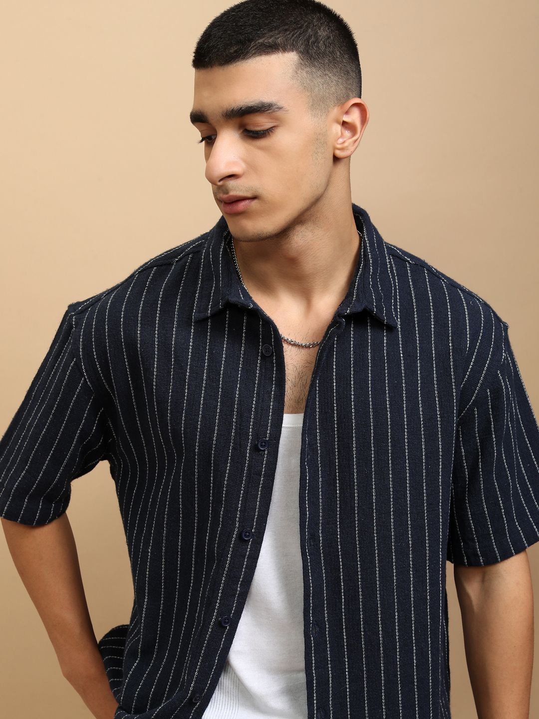 

Highlander Men Oversized Textured Dobby Striped Shirt, Navy blue